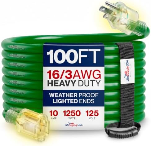 100ft Outdoor/Indoor Extension Cord 16/3 Gauge Heavy Duty 3 Prong SJTW, Waterproof, Flexible Cold-Resistant Long Power Cord,10A 125V 1250W, Green by LifeSupplyUSA