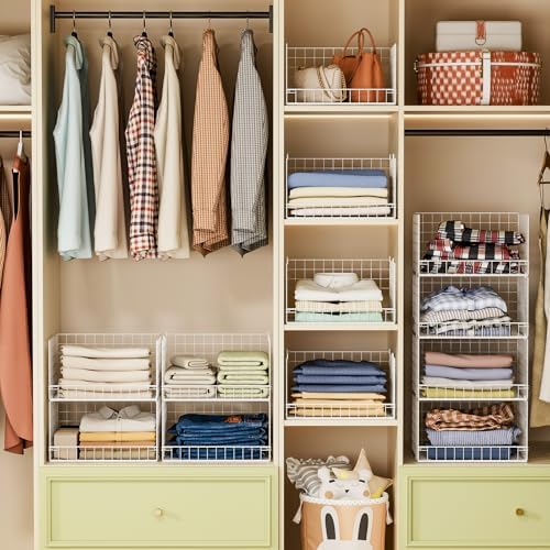 Yociyoga 4-Tier Stackable Closet Organizers and Storage Basket, Foldable Closet Shelf Organizer System, Space-Saving Clothes Storage Drawer Organizer for Wardrobe, White (Patent 30022416)