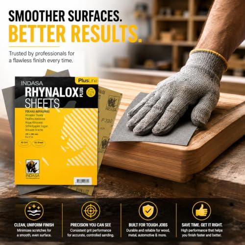 Indasa 50 PCS 9x11 Sandpaper - Dry Sanding Sheets, 40 Grit, Rhynalox Plusline Professional-Grade Abrasive for Wood, Metal, Automotive, and Paint Finishing - Durable, Clog-Resistant Sand Paper