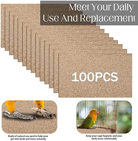 Fabbay 100 Pcs Gravel Paper for Bird Cage Gravel Liner Paper Pet Sandpaper Special for Bird Cage in Sea Sand, Easy Clean Pet Sandpaper Calcium Paper for Birdcage Parrots Cockatiels(11 x 17 Inch)