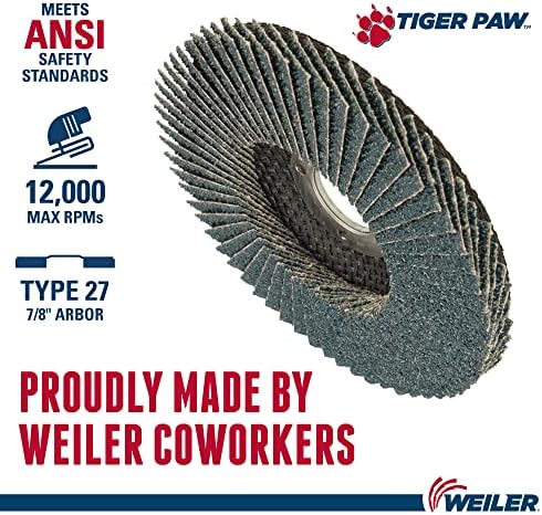 Weiler 51162 Tiger Paw XHD Super High Density Abrasive Flap Disc, Type 27 Flat Style, Phenolic Backing, Zirconia Alumina, 4-1/2" Diameter, 7/8" Arbor, 60 Grit, 12000 RPM (Pack of 10)