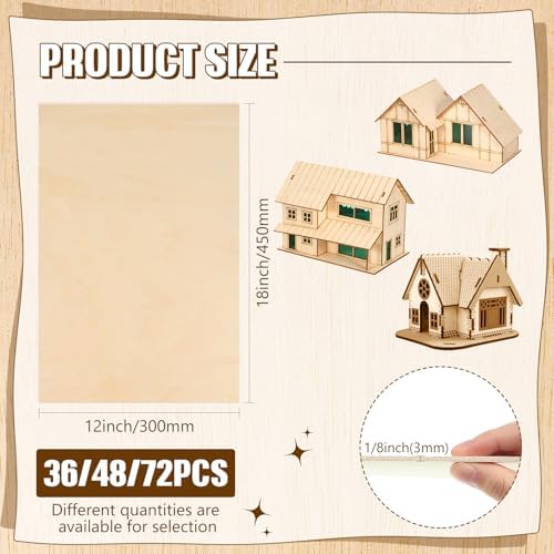 Riakrum Basswood Sheets Plywood Board Unfinished Wood Boards for Crafts for DIY Laser Projects Architectural Mini House Building Hobby Model Making(12 x 18 x 1/8 Inch,48)