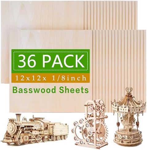 36 Pack Basswood Sheets,12 x 12 x 1/8 Inch,3mm Basswood Plywood Sheets with Smooth Surfaces, Unfinished Wood for Laser Cutting, Burning,Drawing, Architectural Models and DIY Crafts(36)