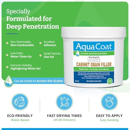 Aqua Coat Water-Based White Cabinet Wood Grain Filler Gel – Fast Drying, Low Odor White Wood Filler, Sandable & Paintable for Interior & Exterior Repairs, Upgrades & Restorations (4 Quarts)