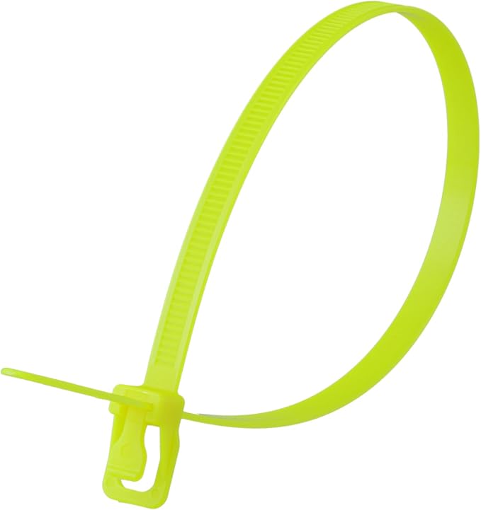 RETYZ 14-Inch Fluorescent Yellow Reusable Releasable Cable Ties – 100 Pack, 120 lb Strength, Patented Quick-Release, Heavy-Duty Design for Industrial and Commercial Use