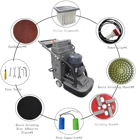 Concrete Floor Grinder Hand-Push Cement Ground Grinder Floor Polishing Machine 40L Dust-free Grinding Machine with 9-head Grinding Chassis, 220V 7.5KW