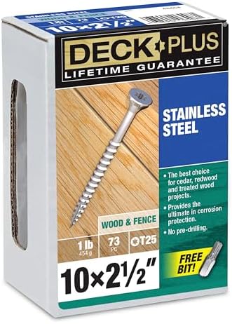 Deck Plus 2-1/2 Inch Epoxy Coated Exterior Wood and Fence Screws #10 x 2-1/2" Torx/Star Drive Included Coarse Thread, Outdoor Rust Resistant Decking Screw, Silver, 1lb Box, 73 Pieces | 48464