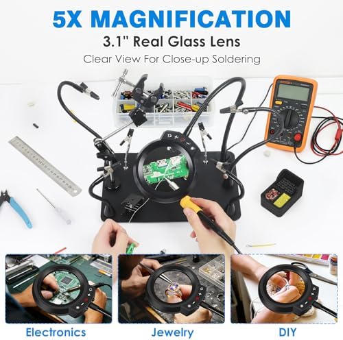 Magnetic Helping Hands Soldering Station with 5X LED Magnifying Lamp, 6 Flexible Arms, 360° Soldering Clamp, Heavy Duty Base, Magnetic Third Hand Tool for Precision Soldering, Electronics & DIY