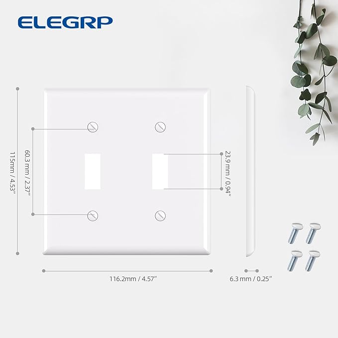 ELEGRP 2-Gang Toggle Switch Wall Plates, Standard Size 4.53" height x 4.57" length Unbreakable Thermoplastic Faceplate Cover for Toggle Dimmer Light Switches, UL Listed (2 Pack, Glossy White)