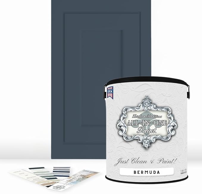 ALL-IN-ONE Paint by Heirloom Traditions, Bermuda (Blue Gray), Gallon - Durable cabinet and furniture paint. Built in primer and top coat, no sanding needed. Includes our 30 featured color card.