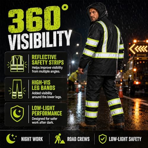 Rain Suits for Men Waterproof Reflective High Visibility Rain Gear Mens Heavy Duty, Hi Vis Rain Jacket & Pants with Black Bottom Class 3 ANSI/ISEA Compliant, Black L/XL