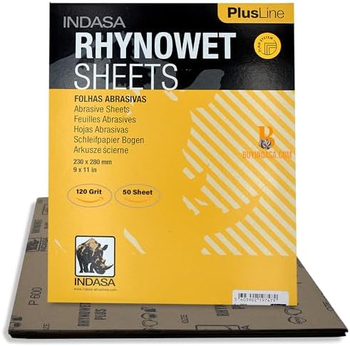 Indasa 50 PCS 9x11” Wet & Dry Sandpaper Sheets, 120 GRIT, Rhynowet Clog-Resistant Abrasive for Wood, Metal, Auto, Paint & Clear Coat Finishing, Sand Paper Aluminum Oxide, Plusline