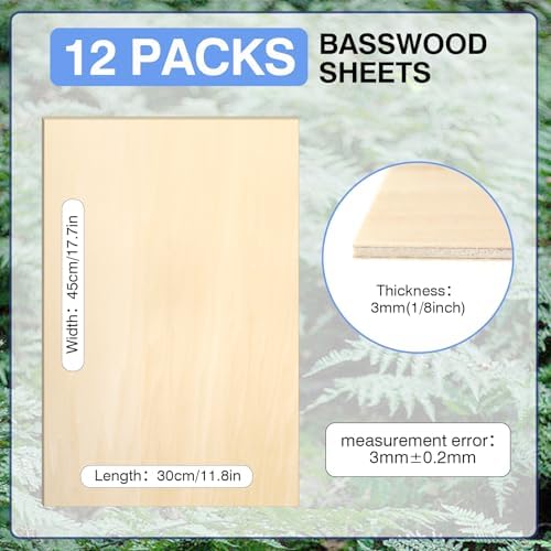 12 Pack Basswood Sheets for Crafts 12 x 18 x 1/8 in, 3mm Thick Unfinished Plywood for Laser Cutting & Engraving, DIY Ornaments and Architectural Model