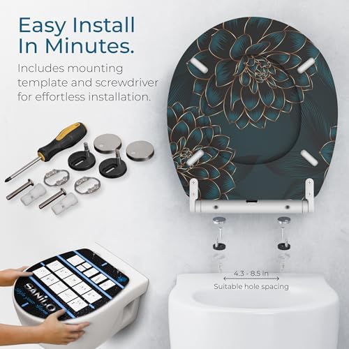 Sanilo Wooden Toilet Seat with Quick Release & Soft Close [ROUND] - Decorative & Slow Close Molded Wood Seat - With One Click for Easy Installation & Cleaning - With Adjustable Fit (Dahlia)