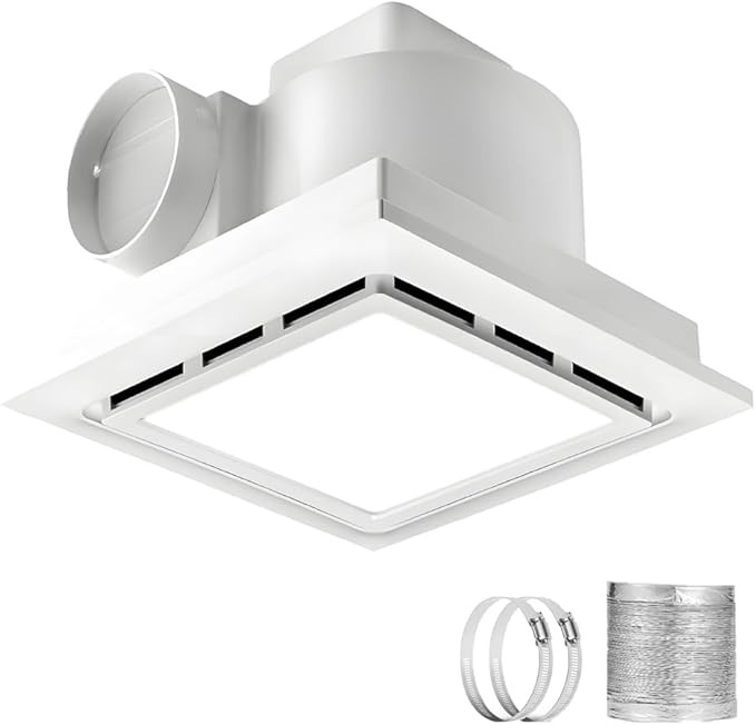 Bathroom Exhaust Fan with Light, 140 CFM Quiet Ventilation Fan with 6500K 12W LED Light 1.0 Sones Low Noise, 4" Duct Included Square Ceiling Mount Vent Fan for Bathroom Office Home (White, 12inch)