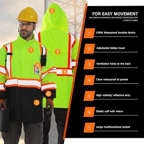 FATONE Hi Vis Rain Jacket Waterproof Class 3 High Visibility Rain Gear for Work Reflective, Safety Rain Coats for Men with Black Bottom Lightweight, Yellow (L/XL)