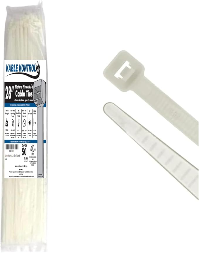 Kable Kontrol Cable Zip Ties, 28 Inch 50 Pcs, HD 175lbs Test, Natural White | Nylon Plastic, Self Locking, UL Listed, Indoor Use