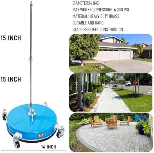 14" Pressure Washer Surface Cleaner with 4 Wheels, Coated Blue Stainless Steel Power Washer Surface Cleaner for Driveway Sidewalk Patio, 1/4" Quick Connector, 2 Extension Wand, 4000 PSI