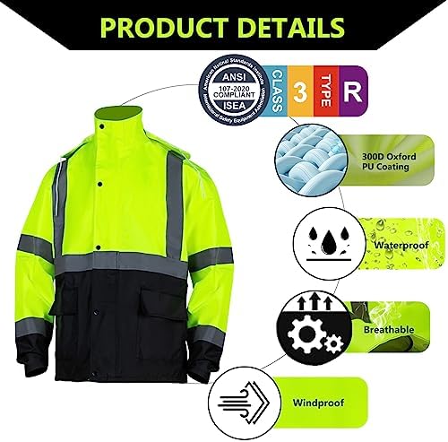 FONIRRA Class 3 High Visibility Rain Suit With Detachable Hood Waterproof Lime Reflective Safety Worker Jacket & Pants (2XL/3XL Yellow)