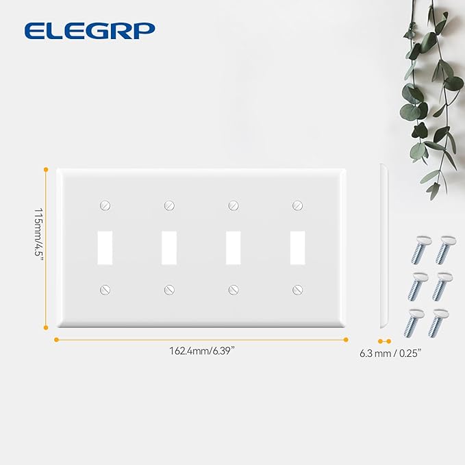 ELEGRP Toggle Light Switch Wall Plate, 4-Gang Standard Size Switch Covers, Unbreakable Polycarbonate Replacement Faceplates Covers, UL Listed, Color-matched Screws Included (2 Pack, Glossy White)