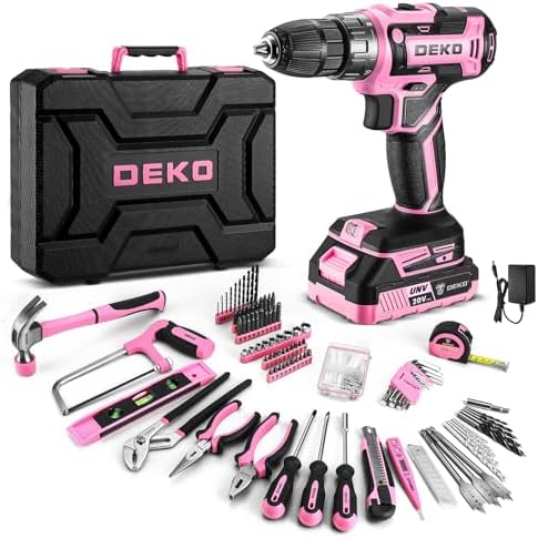 Pink Power Drill Tool Kit Set: 20V Cordless Electric Drill, Driver, Tool Box with Battery