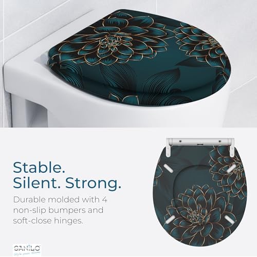Sanilo Wooden Toilet Seat with Quick Release & Soft Close [ROUND] - Decorative & Slow Close Molded Wood Seat - With One Click for Easy Installation & Cleaning - With Adjustable Fit (Dahlia)