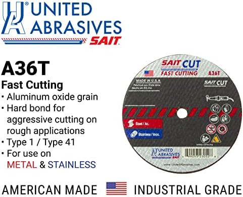 United Abrasives-SAIT 23061 A36T Fast Cutting Thin High Speed Cut-Off Wheels 4" x 1/16" x 5/8", 50 Pack