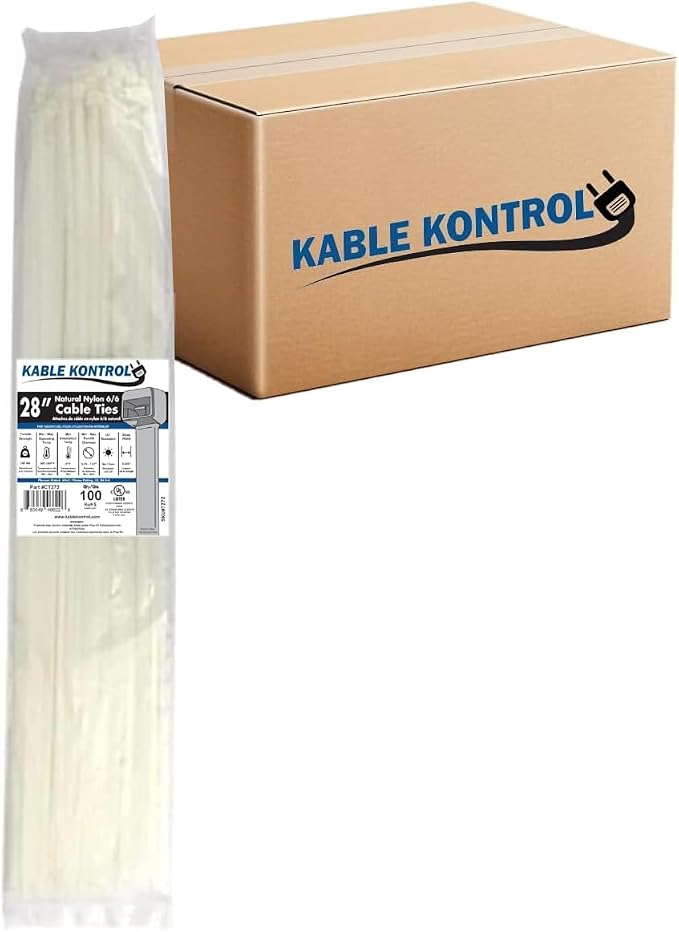 Kable Kontrol Cable Zip Ties, 28 Inch 1000 Pcs HD 175lbs Test Natural White | Nylon Plastic, Self Locking, UL Listed, Indoor Use