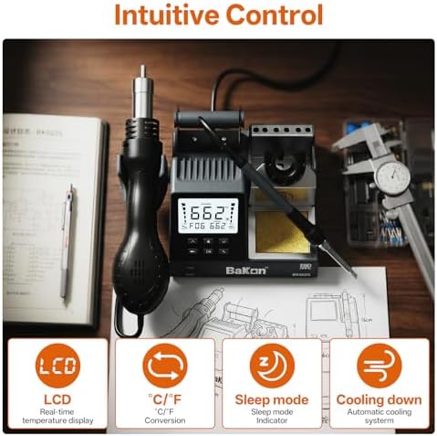 BK602S 2 in1 Soldering Iron Hot Air Rework Station,Digital Soldering Welding Iron Kit for Electronic DIY Circuit Work, Rapid Heat up Solder Station,Auto Sleep,ºC/ºF Conversion
