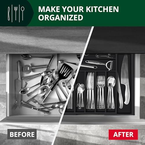 ROYAL CRAFT WOOD Luxury Bamboo Kitchen Drawer Organizer - Silverware Organizer - Utensil Holder and Cutlery Tray with Grooved Drawer Dividers for Flatware and Kitchen Utensils (9 Slot, Black)