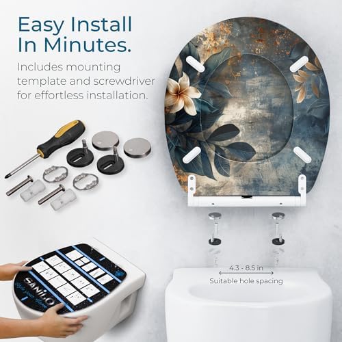 Sanilo Wooden Toilet Seat with Quick Release & Soft Close [ROUND] - Decorative & Slow Close Molded Wood Seat - With One Click for Easy Installation & Cleaning - With Adjustable Fit (Lilybud)