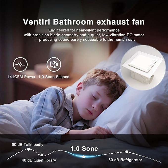 Bathroom Exhaust Fan with Light, 12 INCH, Upgraded Quiet Square Vent Fans with Adjustable LED Light, 141 CFM, for Bathroom, Office, Home