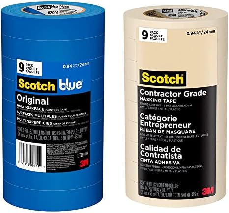 Scotch Painter's Tape Original Multi-Surface Painter's Tape, 2090, 9 Rolls & Scotch Contractor Grade Masking Tape, Tan, Tape for General Use, Multi-Surface Adhesive Tape, 0.94 Inches x 60.1 Yards