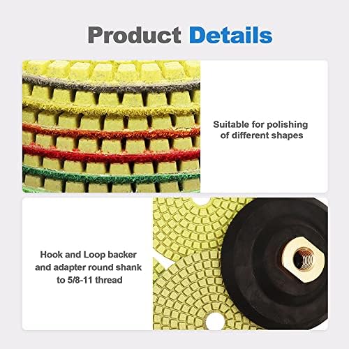 Wet Diamond Polishing Pads - HIGHDRIL 6pcs 4 inch (#50-#1500),for Granite Marble Ceramic Sanding on Grinder or Polisher,with 1pc 4" Rubber Backing Pad and 1pc Adapter Round Shank to 5/8-11 Thread