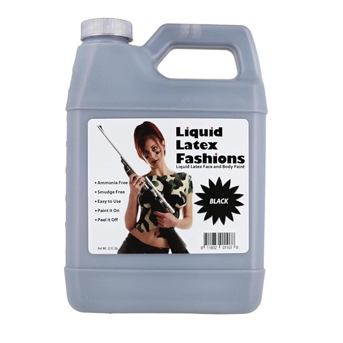 Black 32 Oz - Liquid Latex Body Paint, Ammonia Free No Odor, Easy On and Off, Cosplay Makeup, Creates Professional Monster, Zombie Arts