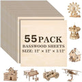 55 Pack Basswood Sheets for Crafts,12"x12"x1/12 2mm Thick Plywood Sheets with Smooth Surfaces-Unfinished Squares Wood Boards for Laser Cutting, Wood Burning, Architectural Models, Staining