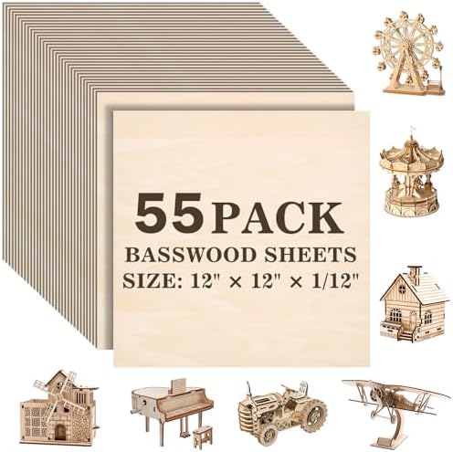 55 Pack Basswood Sheets for Crafts,12"x12"x1/12 2mm Thick Plywood Sheets with Smooth Surfaces-Unfinished Squares Wood Boards for Laser Cutting, Wood Burning, Architectural Models, Staining
