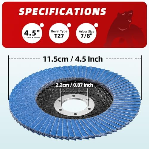 50 Pack 60 Grit T29 Zirconia Flap Discs 4.5" x 7/8" T27 for 4 1/2 Inch Angle Grinder Flap Wheels Heavy-Duty Grinding & Sanding Discs for Metal, Wood, Stainless Steel