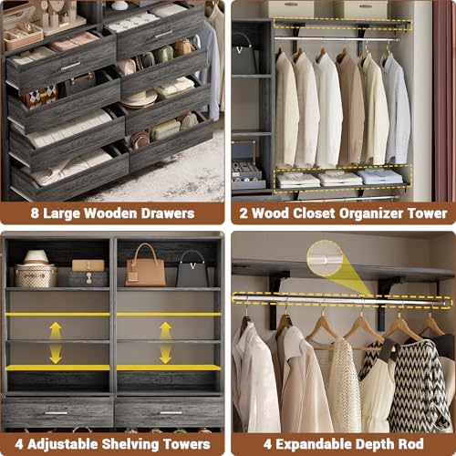 Aheaplus Closet System, Wood Closet Organizer System with 8 Drawers &4 Rods