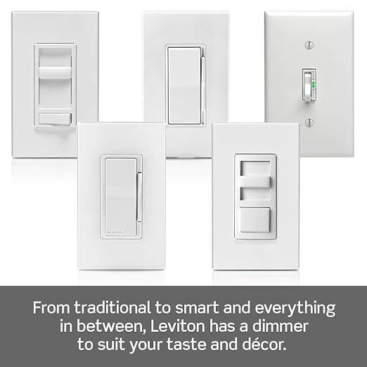 Leviton Decora Slide Dimmer Switch for Dimmable LED, Halogen and Incandescent Bulbs, DSL06-1LZ, White with Ivory and Light Almond Faceplates