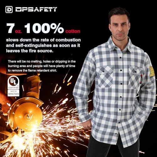 FR Shirts for Men 7oz Fire Resistant Shirts CAT2 Welding Shirt 100% Cotton Flame Resistant Shirt Grey/Plaid(X-Large)