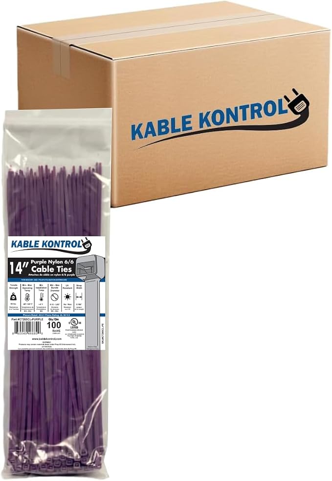 Kable Kontrol Cable Zip Ties, 14 Inch, 6000 Pcs, 50lbs Test, Purple | Nylon Plastic, Self Locking, UL Listed, Indoor Use