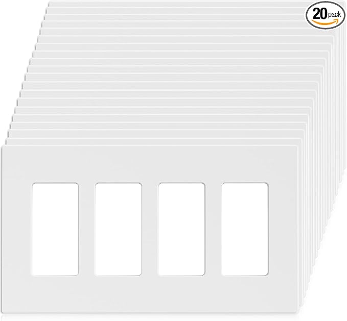 ELEGRP 4-Gang Screwless Decorative Wall Plates, Mid-Size Unbreakable Thermoplastic Faceplate Cover for Decorator Receptacle Outlet Switch, UL Listed (20 Pack, Matte White)