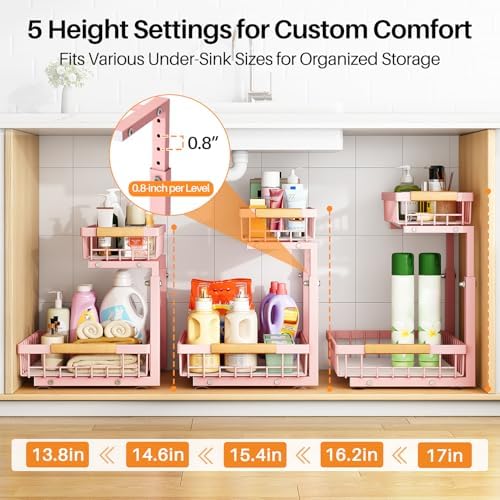 PXRACK Under Sink Organizer, Adjustable Height, 2 Tier Pull Out Under Cabinet Organizer, Slide Out Thickened Metal Under Sink Storage for Kitchen Bathroom Laundry Pantry Cabinet, Pink, Large-2-Pack