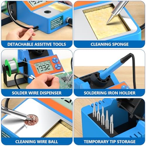 Soldering Station, 140W Digital Display Soldering Iron Station Kit with 2 Helping Hands, 356°F-932°F, Auto Sleep, °C/°F Conversion, Solder Wire, 5 Tips, Solder Sucker, Tweezers, Tip Cleaner, Blue