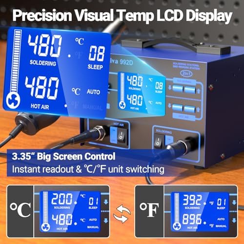 Preciva 992D 2-in-1 Soldering & Hot Air Rework Station with LCD Display – PID Temperature Control, Auto/Manual Hot Air Mode, Sleep Function for Iron, SMD Rework, Electronics Repair (750W)