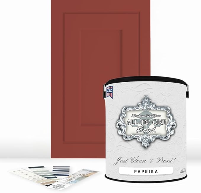ALL-IN-ONE Paint by Heirloom Traditions, Paprika (Autumn Orange),Gallon - Durable cabinet and furniture paint. Built in primer and top coat, no sanding needed. Includes our 30 featured color card.