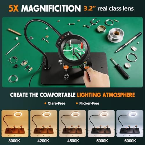 Magnetic Helping Hands Soldering Station Clamp Metal with 5X Magnifier Lamp (Black, Large)