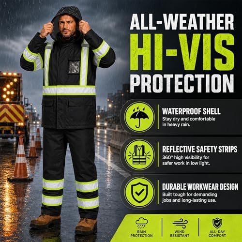 FATONE Rain Suits for Men Waterproof Reflective High Visibility Rain Gear Mens Heavy Duty, Hi Vis Rain Jacket & Pants with Black Bottom Class 3 ANSI/ISEA Compliant, Black 4XL/5XL