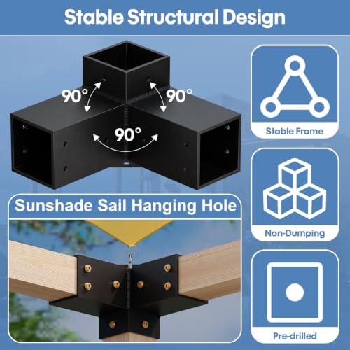 Pergola Kit, Heavy Duty 3-Way Pergola Brackets for 4"x 4" (Actual 3.5" X 3.5") Lumber,DIY Rust-Proof Gazebo Bracket Kit with Right Angle Corner Bracket, Gazebo Hardware Kits for Patio Backyard Outdoor